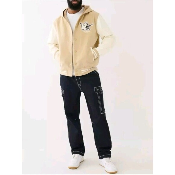 True Religion Buddha Logo Two Tone Varsity Letterman Jacket Men’s XL Leather NWT - Picture 15 of 16